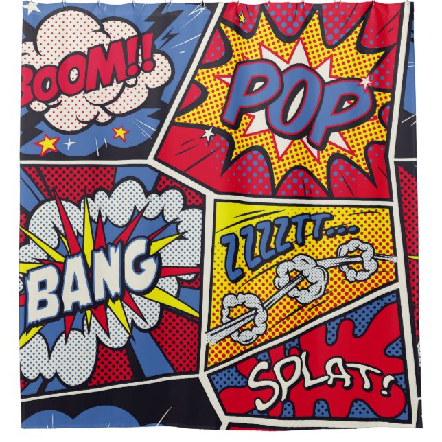 Retro Pop Kunst, Comic Schreien Muster. Duschvorhang (Vorderseite)
