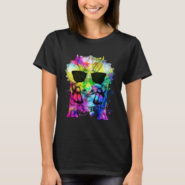 Retro Pop Triceratops Gamer Dinosaur with Headphon T-Shirt (Vorderseite)