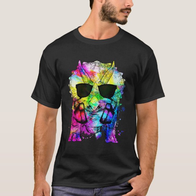 Retro Pop Triceratops Gamer Dinosaur with Headphon T-Shirt (Vorderseite)