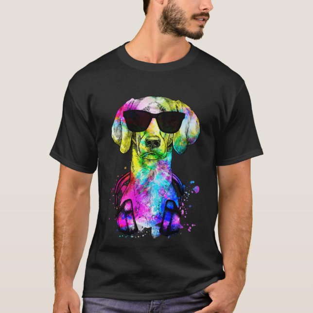Retro Pop Weimaraner Dog Portrait mit Kopfhörer T-Shirt (Vorderseite)