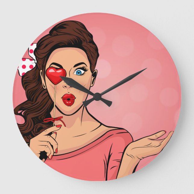 Retro Popart Lady Große Wanduhr (Vorderseite)