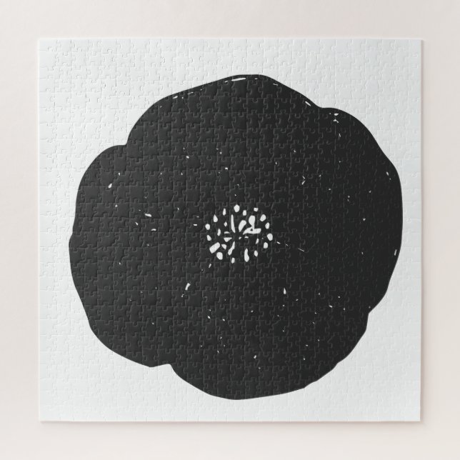 Retro Poppy Floral Art Muster in Schwarz-Weiß (Vertikal)