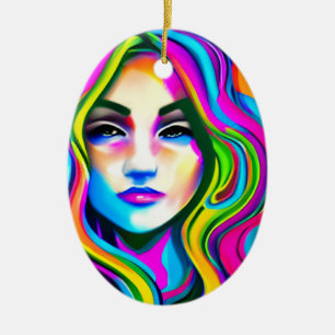 Retro-Portrait einer Frau mit Regenbogenhaar Keramik Ornament