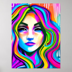 Retro-Portrait einer Frau mit Regenbogenhaar Poster