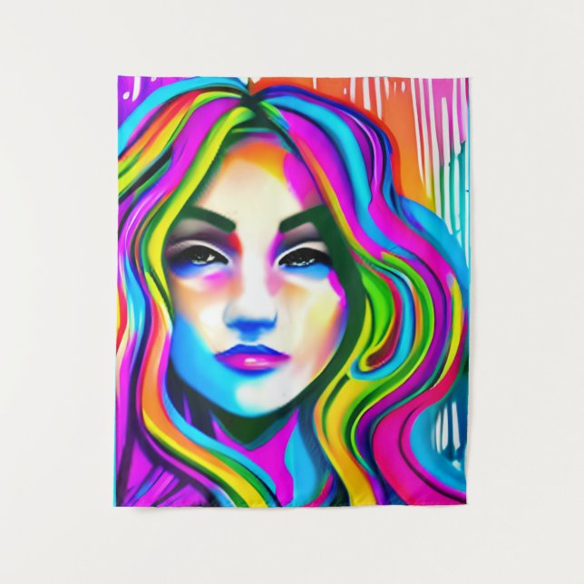 Retro-Portrait einer Frau mit Regenbogenhaar Wandteppich (Vorderseite)