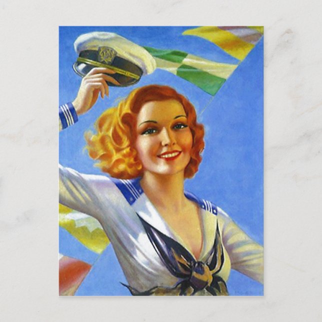 Retro Postcard Button-Up Girl Sailing Postkarte (Vorderseite)