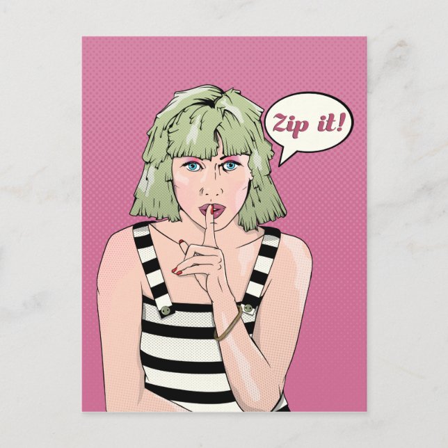 Retro Poster Frau Zip it Postkarte (Vorderseite)