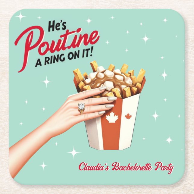 Retro Poutine a Ring on It! Montreal Bachelorette Rechteckiger Pappuntersetzer (Vorderseite)