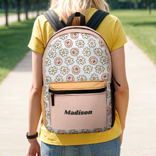 Retro Preppy Happy Face Blumen Farbfelder Bedruckter Rucksack