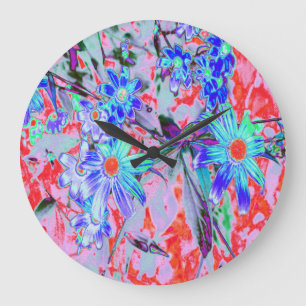 Retro Psychedelic Aqua Green and Orange Flowers Große Wanduhr