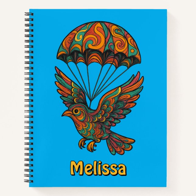 Retro Psychedelic Bird & Parachute Notizbuch (Vorderseite)