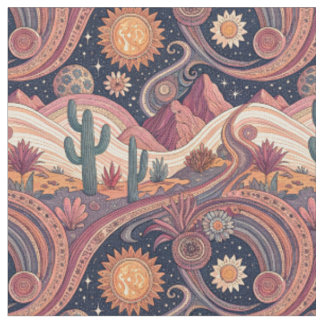 Retro Psychedelic Desert Cactus Sunset Painting Stoff