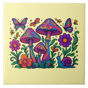 Retro-psychedelische Blumen und Pilze Fliese