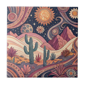 Retro-psychedelisches Wüstenkaktus-Sonnenuntergang Fliese
