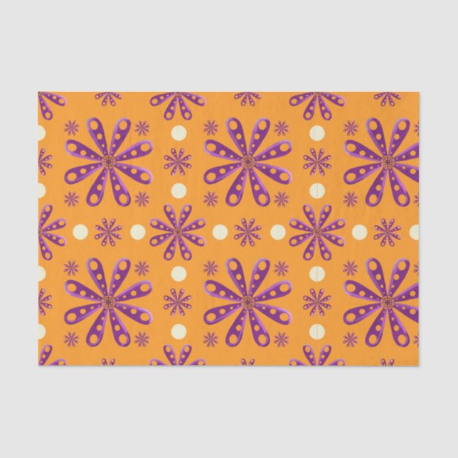 Retro Purple Flowers on Orange Background Seidenpapier (Vorderseite)