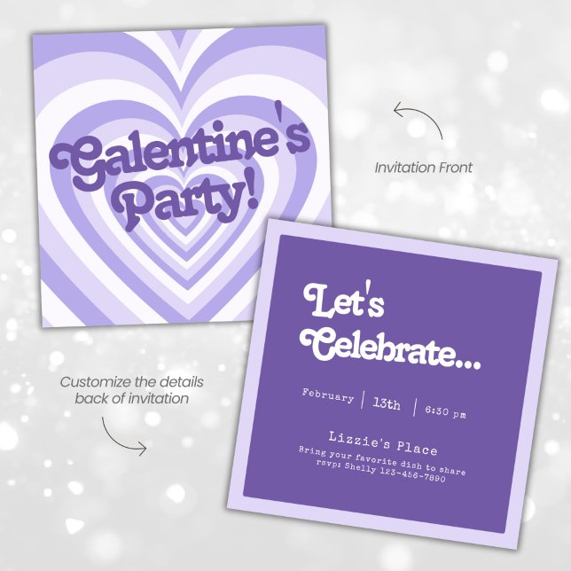Retro Purple Heart Galentine's Party Invitation (Créateur téléchargé)