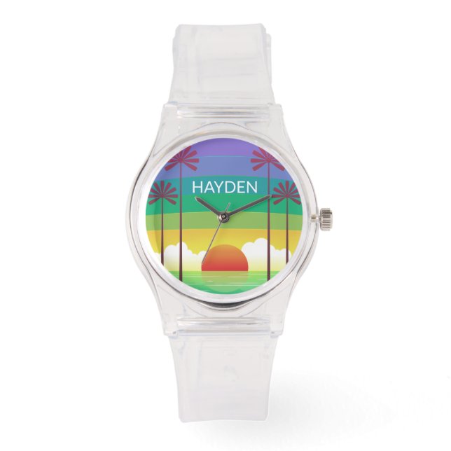 Retro Purple Sunset Palm Trees Art Personalised Armbanduhr (Vorderseite)