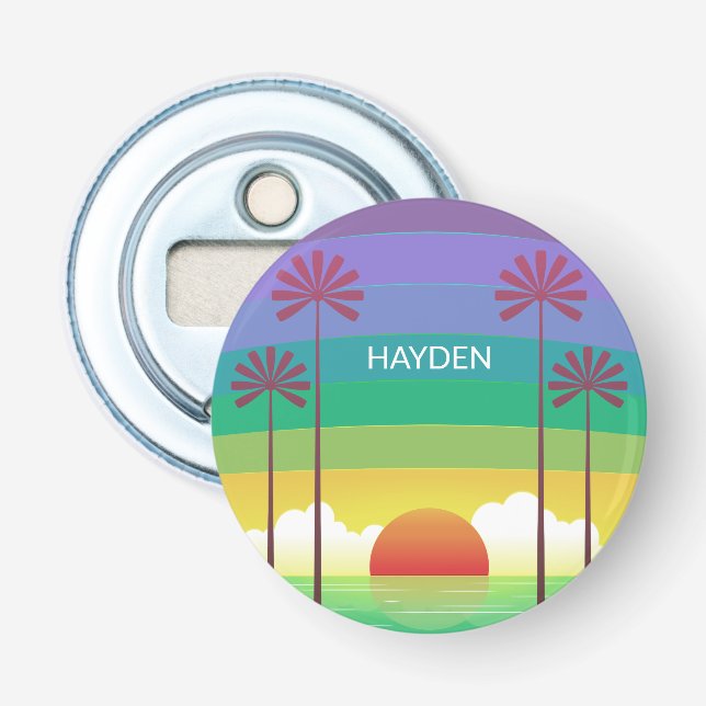 Retro Purple Sunset Palm Trees Art Personalised Flaschenöffner (Vorderseite)