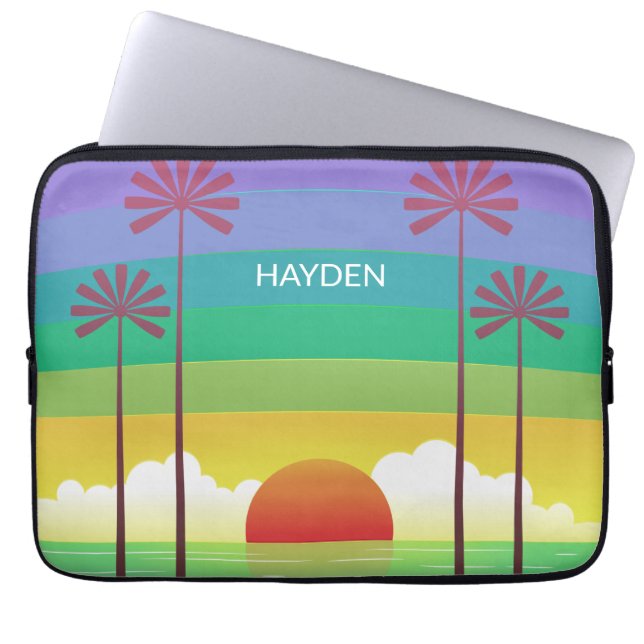 Retro Purple Sunset Palm Trees Art Personalised Laptopschutzhülle (Vorderseite)