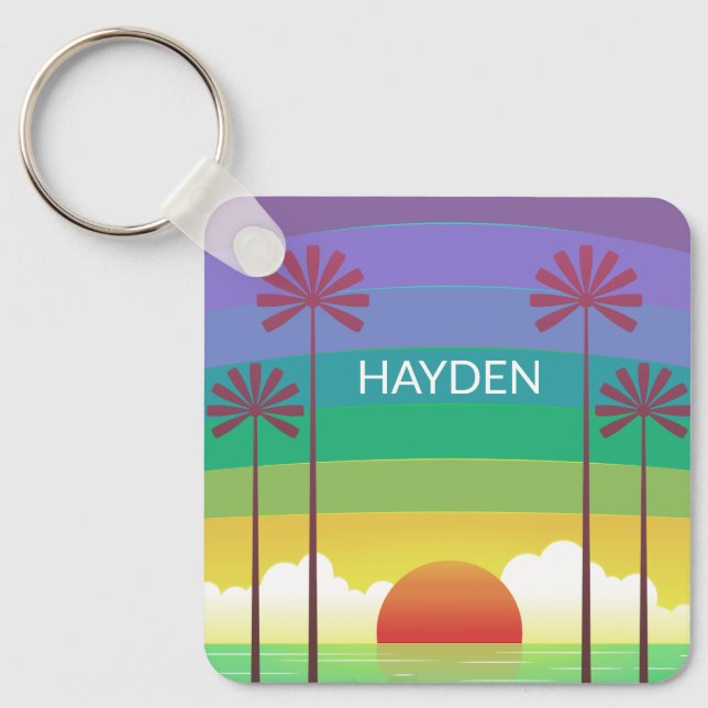 Retro Purple Sunset Palm Trees Art Personalised Schlüsselanhänger (Vorderseite)