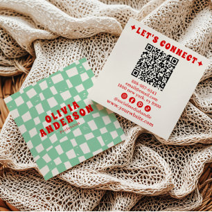 Retro QR Code Groovy Kariert Boho Trendy Einzigart Quadratische Visitenkarte