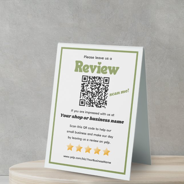 Retro QR Code 'verlass uns a review' YELP grün Tischaufsteller (Von Creator hochgeladen)