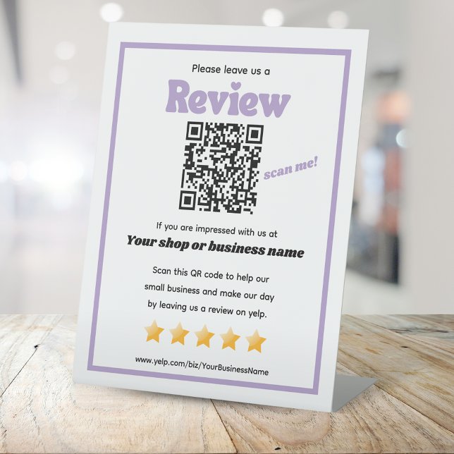 Retro QR Code "verlass uns a review" YELP lila Sockelschild (Von Creator hochgeladen)
