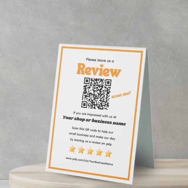Retro QR Code 'verlass uns a review' YELP orange Tischaufsteller (Von Creator hochgeladen)