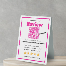Retro QR Code 'verlass uns a review' YELP pink Tischaufsteller