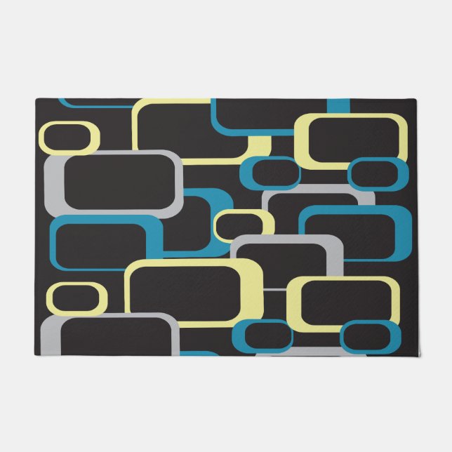 Retro-Quadrate Blau-Graues Muster Fußmatte (Vorderseite)