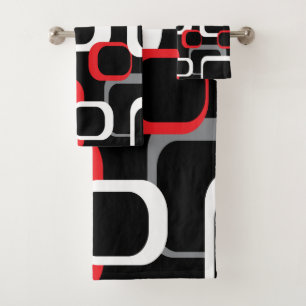 Retro-Quadrate Rot-Grau-Hintergrund Badhandtuch Set