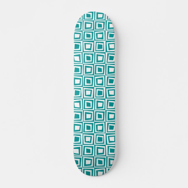 Retro-Quadrate - Weiß auf Aqua Skateboard (Vorne)