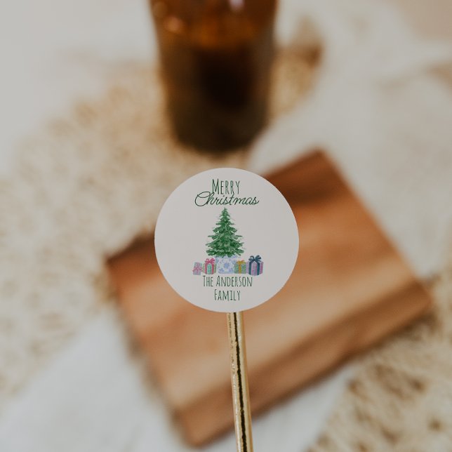 Retro Quirky farbenfrohe Weihnachtsgeschenke Baum Runder Aufkleber (Von Creator hochgeladen)