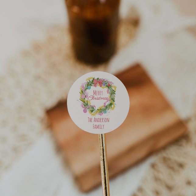 Retro Quirky farbenfrohe Weihnachtskranz Runder Aufkleber (Von Creator hochgeladen)