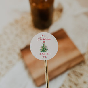 Retro Quirky Green Red Christmas Bow Tree farbenfr Runder Aufkleber