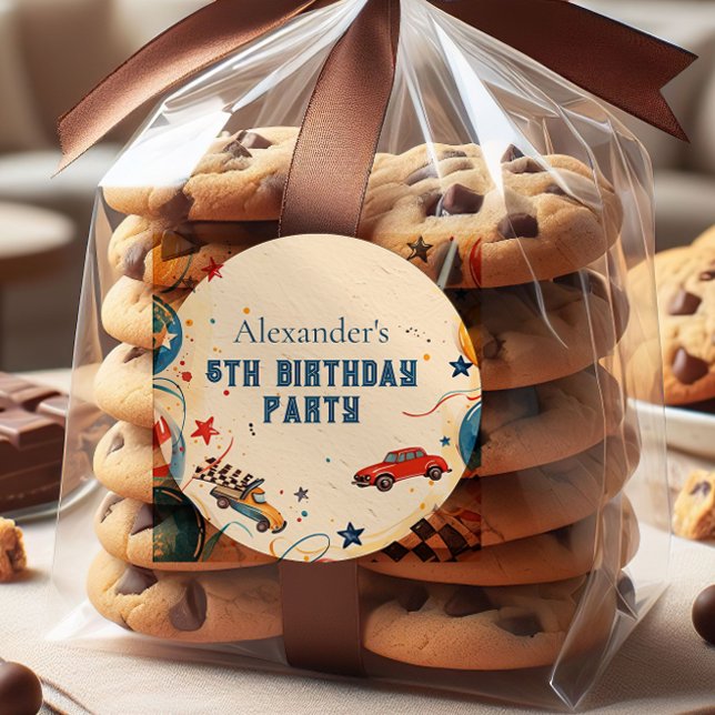 Retro Race Car Birthday Party Runder Aufkleber (Von Creator hochgeladen)