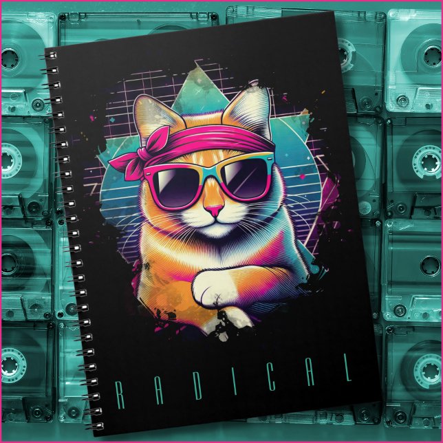 Retro Radical Cat mit Bandana und Sonnenbrille Notizblock (Colorful 1980s cat wearing sunglasses and a bandana. Custom text currently reads "radical." )