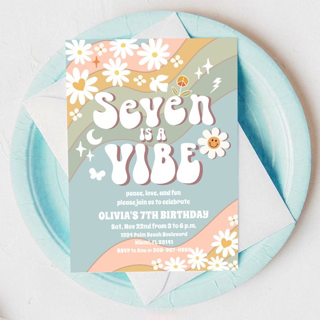 Retro Rainbow 7th Birthday Invitation Einladung (Von Creator hochgeladen)