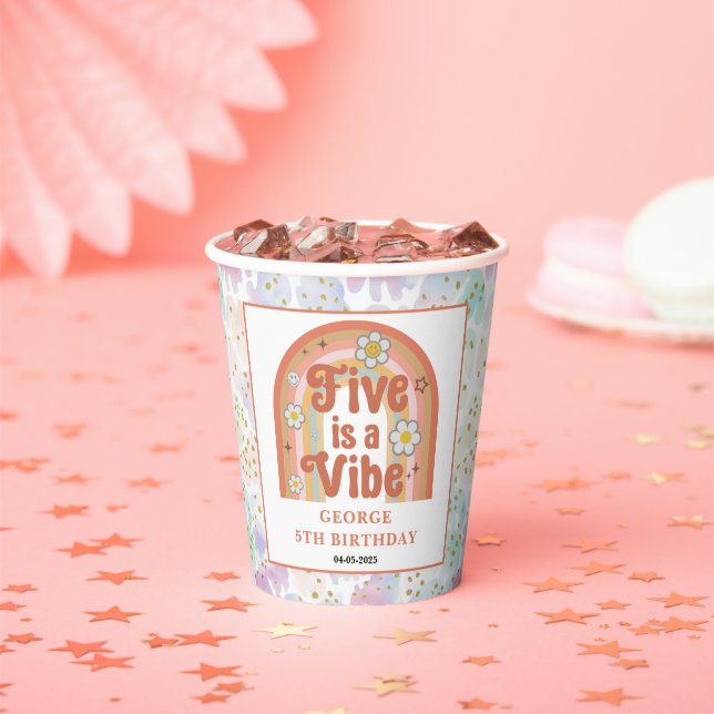 Retro Rainbow FIVE is a Vibe Groovy 5th Birthday Pappbecher (Insitu)