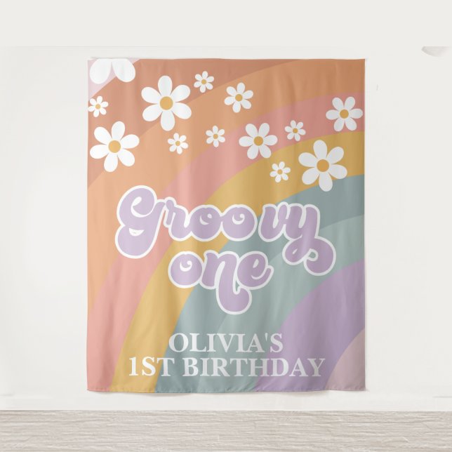 Retro Rainbow Groovy 1. Geburtstag Wandteppich (Vorderseite)