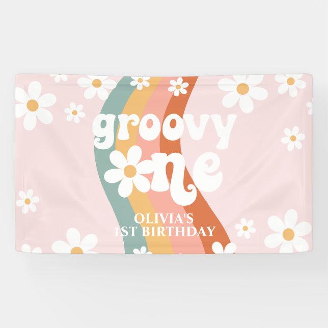 Retro Rainbow Groovy One Daisy 1. Banner (Horizontal)