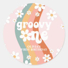 Retro Rainbow Groovy One Daisy Runder Aufkleber