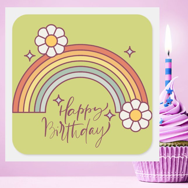Retro Rainbow Modern Happy Birthday Quadratischer Aufkleber (Von Creator hochgeladen)