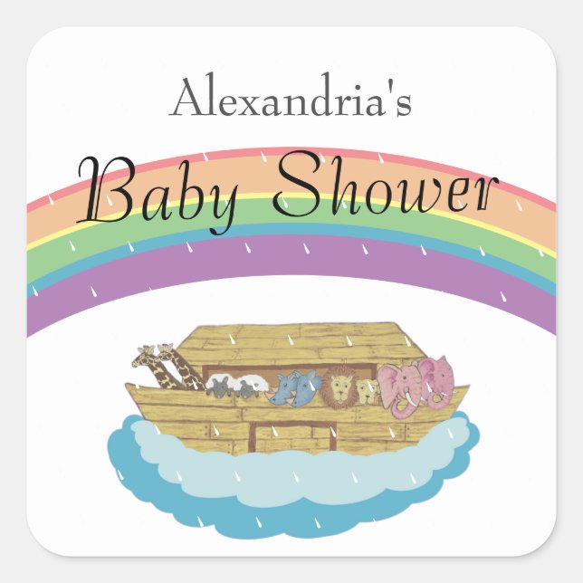 Retro Rainbow Noahs Ark Baby Shower Quadratischer Aufkleber (Vorderseite)