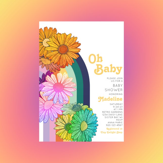 Retro Rainbow Oh Baby Daisy Baby Shower Einladung (Von Creator hochgeladen)