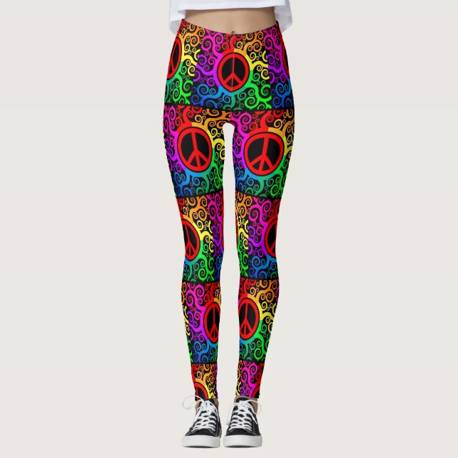 Retro Rainbow Peace Signs and Squiggles Yoga Leggings (Vorderseite)