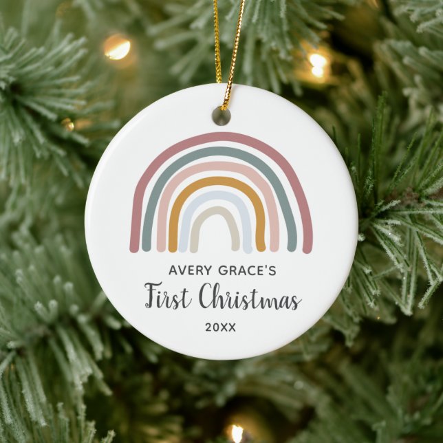 Retro Rainbow Personalized Baby's First Christmas Keramik Ornament (Baum)