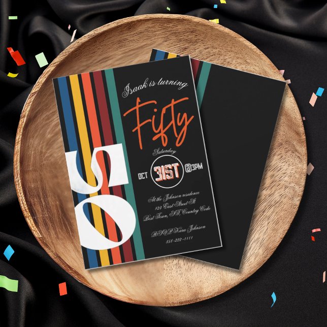Retro Rainbow Striped “Fifty” Birthday Invitation (Créateur téléchargé)