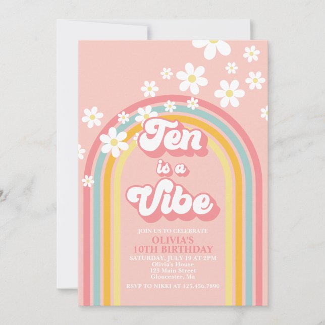Retro Rainbow Ten ist ein Vibe Groovy zum 10. Gebu Einladung (Vorderseite)