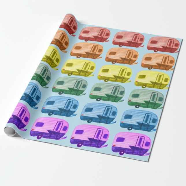 Retro Rainbow Trailers Motorhome RV on Blue Geschenkpapier (Ungerollt)